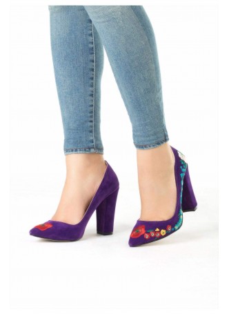 Nıc Mor Çiçek İşlemeli Desenli Bayan Topuklu Ayakkabı