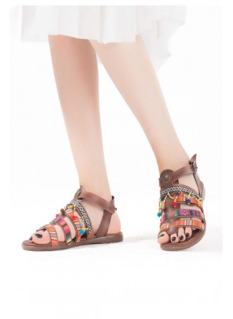 Phi Taba İşlemeli Boncuklu Bayan Sandalet Ayakkabı