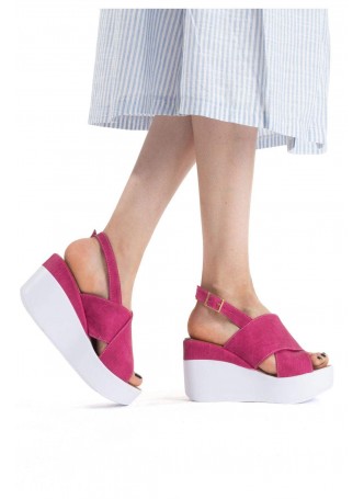 Sev Fuşya Cilt Bayan Dolgu Topuk Sandalet Ayakkabı