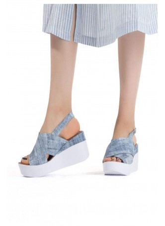 Sev Gök Mavisi Cilt Bayan Dolgu Topuk Sandalet Ayakkabı