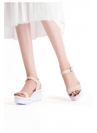 Sev Krem Cilt Bilekten Kemerli Bayan Dolgu Sandalet Ayakkabı