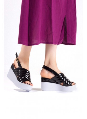 Sev Siyah Rugan Bayan Dolgu Topuk Sandalet Ayakkabı