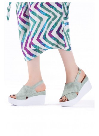 Sev Su Yeşili Cilt Bayan Dolgu Topuk Sandalet Ayakkabı