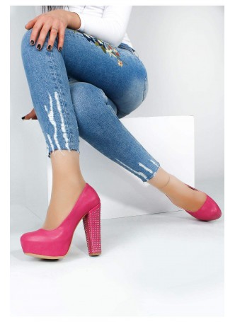 Sur Pembe Cilt Taşlı Bayan Platform Topuk Ayakkabı