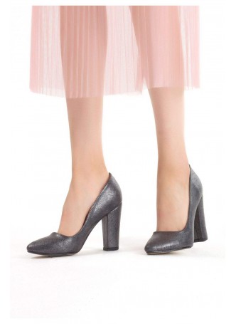 Tek Gri Cilt Bayan Kalın Topuklu Ayakkabı