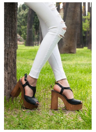 Tan Siyah Bilekten Kemerli Bayan Platform Topuk Ayakkabı