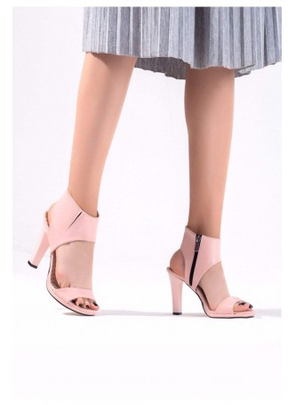 Tek Pudra Cilt Yandan Fermuarlı Bayan Topuklu Ayakkabı
