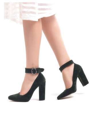 Tek Yeşil Süet Bayan Bilekten Bağlamalı Topuklu Ayakkabı