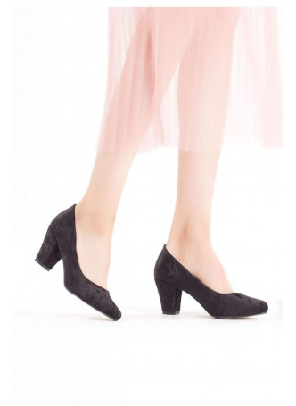 Tek Siyah Kadife Süet Bayan Kısa Topuk Ayakkabı