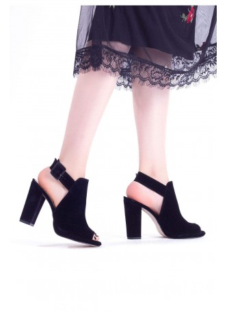 Tog Siyah Süet Bilekten Bağlamalı Bayan Topuklu Ayakkabı