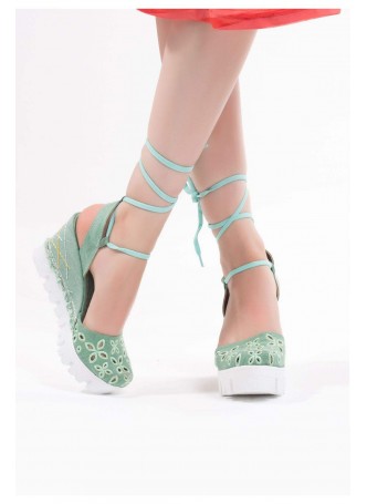 Vel Su Yeşili Kot Bilekten Bağlamalı Bayan Dolgu Topuk Ayakkabı