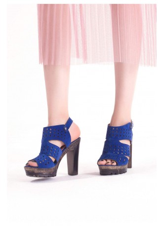 Yel Saks Mavisi Süet Desenli Bilekten Kemerli Bayan platform Topuk Ayakkabı