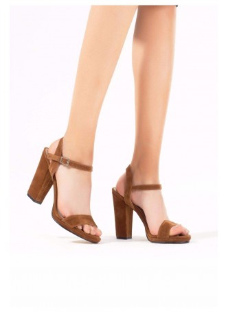 Yel Taba Süet Kemerli Bayan Topuklu Ayakkabı