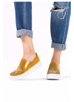 Yel Hardal Sarısı Süet Yıldız Desenli Bayan Babet Ayakkabı