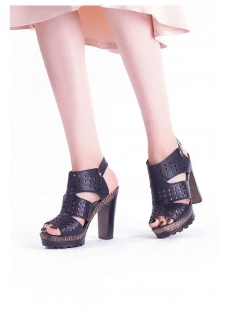 Yel Siyah Cilt Desenli Bilekten Kemerli Bayan platform Topuk Ayakkabı