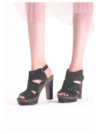 Yel Yeşil Süet Desenli Bilekten Kemerli Bayan platform Topuk Ayakkabı