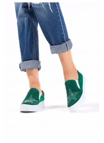Yel Yeşil Süet Yıldız Desenli Bayan Babet Ayakkabı
