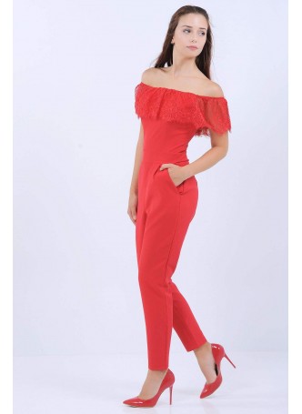 Dantel Omuz Nar Çiçeği Tulum