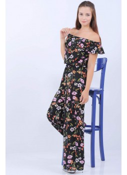 Çiçek Desen Kayık Yaka Siyah Tulum