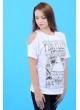 Siyah Baskı Omuz Açık Beyaz T-Shirt