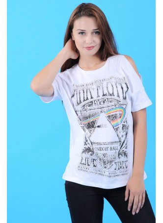 Siyah Baskı Omuz Açık Beyaz T-Shirt