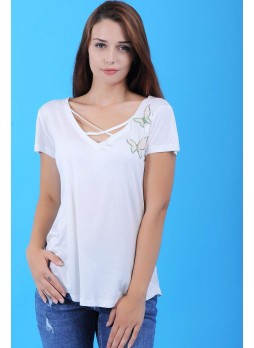 Kelebek Desen Beyaz T-Shirt