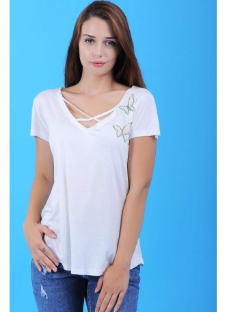 Kelebek Desen Beyaz T-Shirt