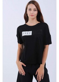 Free Time Baskılı Siyah T-Shirt