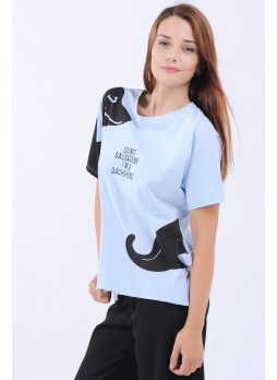 Siyah Baskılı Açık Mavi T-Shirt