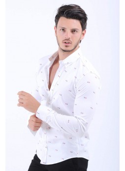 Kırmızı Mavi Nokta Desen Beyaz Gömlek