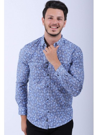 Çiçek Desen Mavi Gömlek
