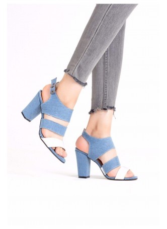 Tua Mavi Beyaz Keten Bantlı Bayan Topuklu Ayakkabı