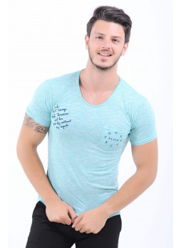 Cep Baskılı Turkuaz T-Shirt