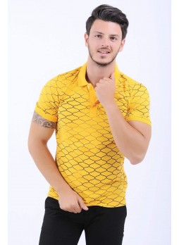 Siyah Çizgi Desen Polo Yaka Sarı T-Shirt