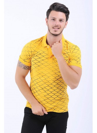 Siyah Çizgi Desen Polo Yaka Sarı T-Shirt