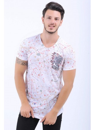 Turuncu Kırmızı Baskı Beyaz T-Shirt
