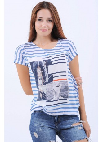 Mavi Beyaz Çizgi Desen Baskılı T-Shirt
