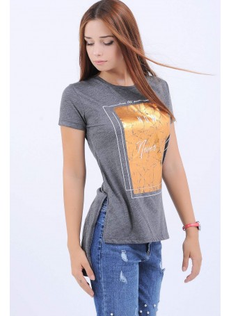 Altın Baskılı Gri T-Shirt