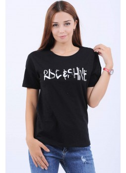 Yazı Taş Baskılı Siyah T-Shirt