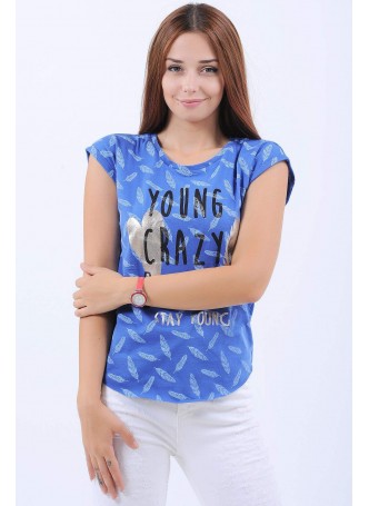 Young Crazy Baskılı Mavi T-Shirt