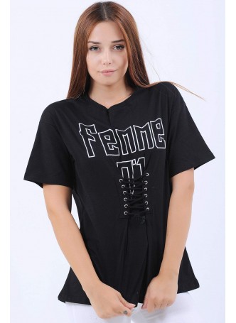 Femme Baskılı Bağcıklı Siyah T-Shirt