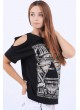 Baskılı Omuz Açık Siyah T-Shirt
