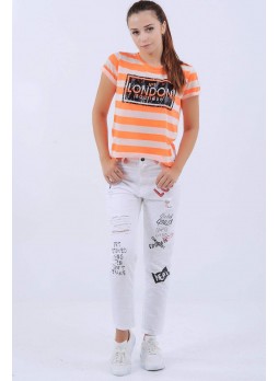 Baskılı Kesikli Beyaz Denim