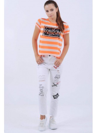 Baskılı Kesikli Beyaz Denim