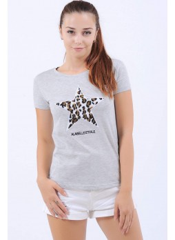 Desenli Yıldız Baskı Gri T-Shirt