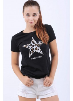 Desenli Yıldız Baskı Siyah T-Shirt