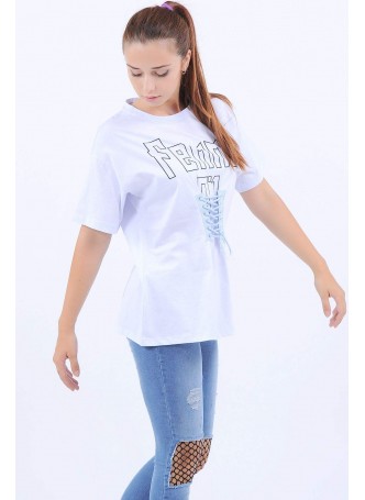 Femme Baskılı Bağcıklı Açık Mavi T-Shirt
