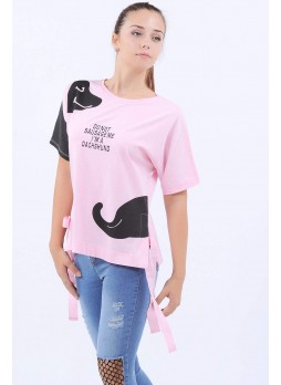 Siyah Baskı Pembe T-Shirt