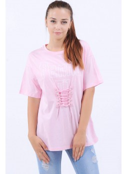 Femme Baskılı Bağcıklı Pembe T-Shirt