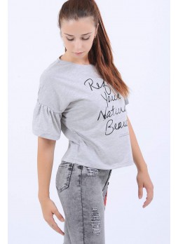 Geniş Kol Baskılı Gri T-Shirt